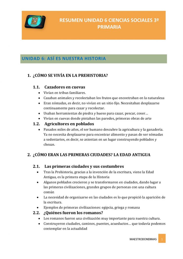 CIENCIAS SOCIALES 3º PRIMARIA SM. RESUMEN UNIDAD 6: Así es nuestra historia